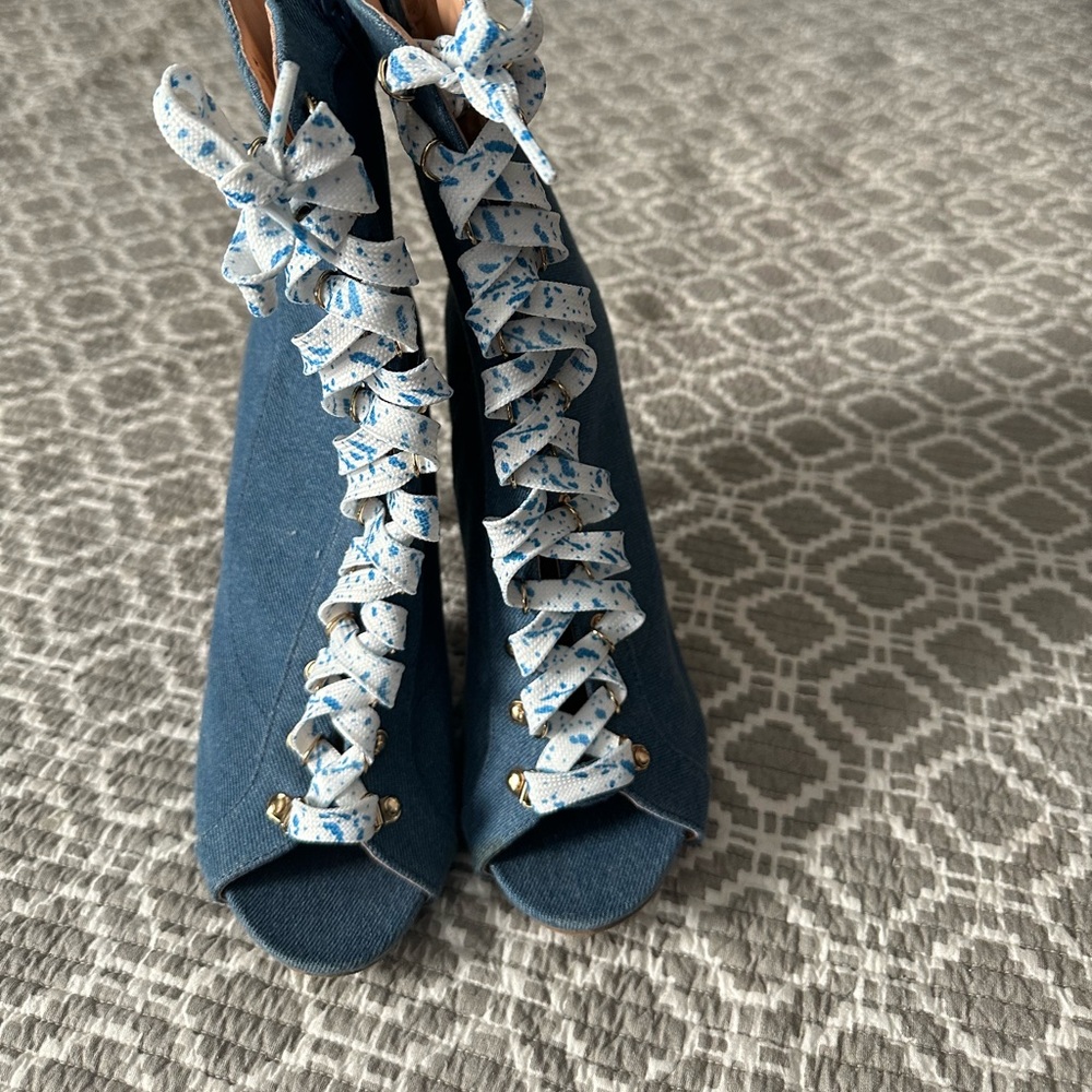 Wild Diva Denim Blue Ankle Booties with Patterned Laces